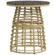 Tavolino da Giardino Rotondo in Resina Effetto Rattan, Metallo e Piano Composito, Ø45 x 50H cm,  Legno naturale
