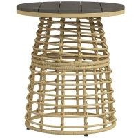 Tavolino da Giardino Rotondo in Resina Effetto Rattan, Metallo e Piano Composito, Ø45 x 50H cm,  Legno naturale