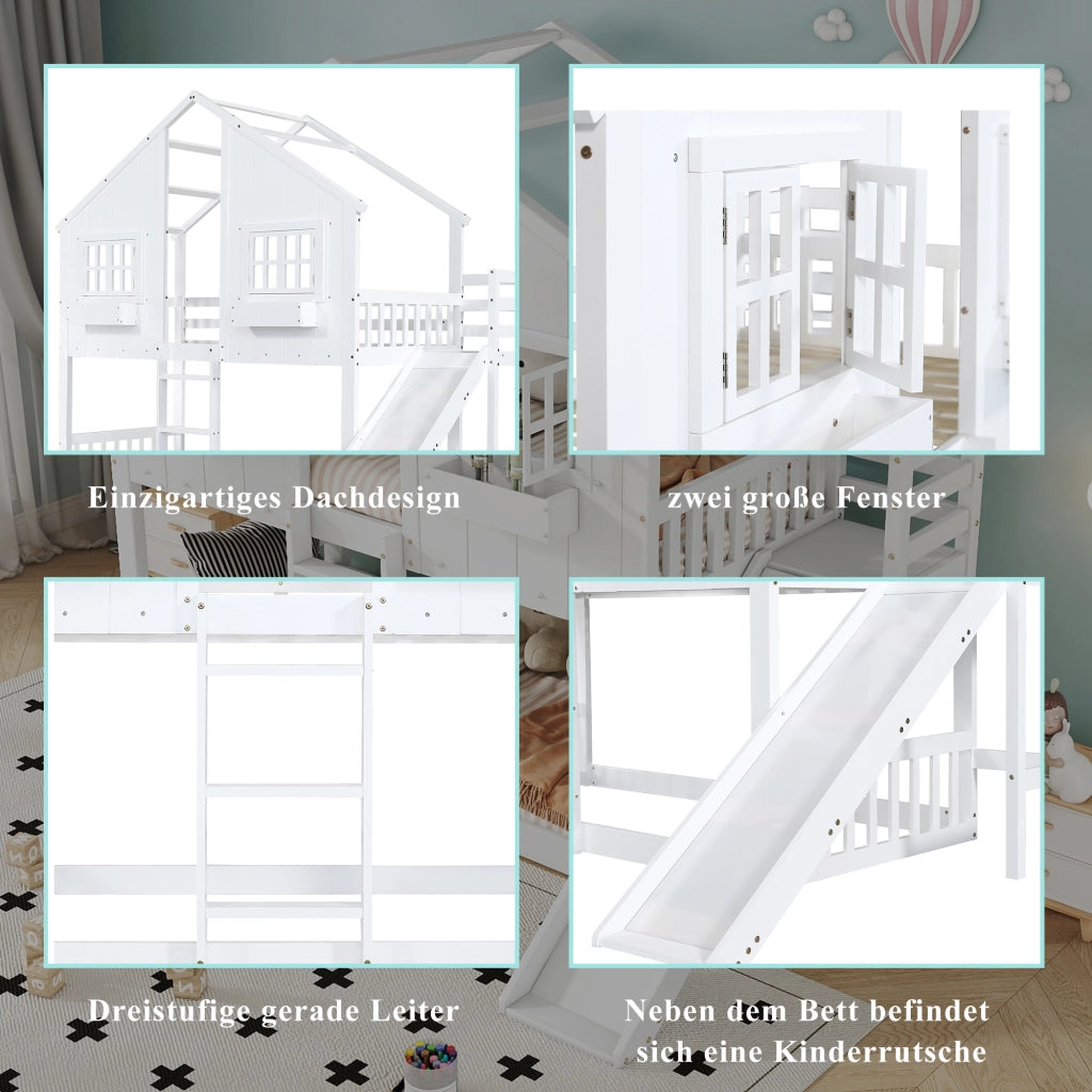 Letto a castello con scivolo in legno massello e MDF 90x200 cm