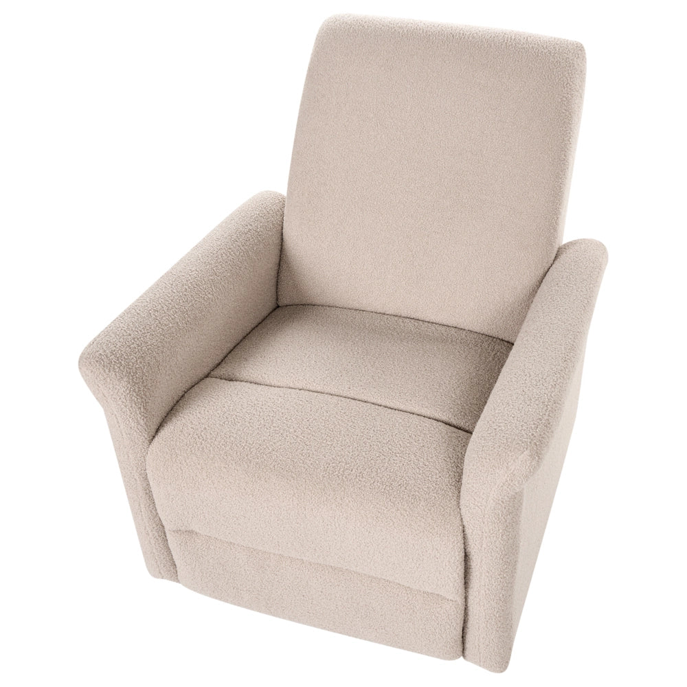 Poltrona reclinabile beige chiaro con meccanismo manuale rivestita in bouclé con schienale regolabile e poggiapiedi estraibile