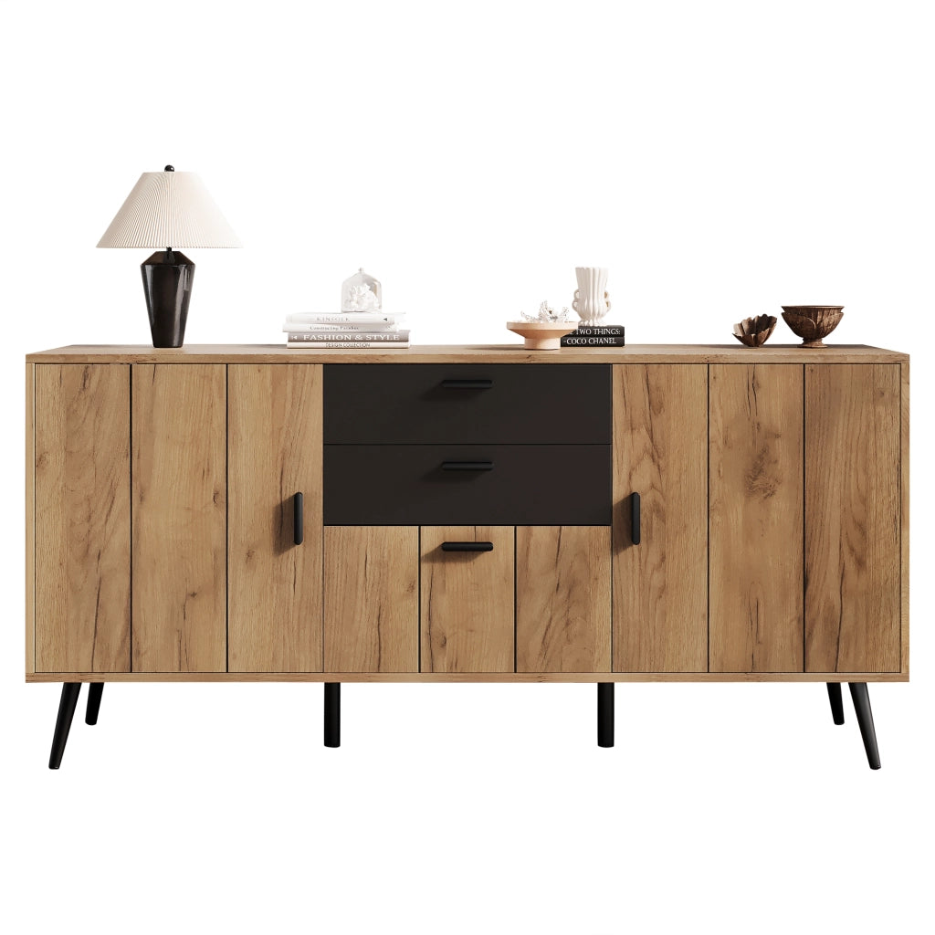 Credenza e madia con 2 cassetti 3 ante e 7 vani per soggiorno e sala da pranzo in MDF nero e legno 140 × 35 × 67 cm
