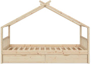 Letto montessori bambini Design, Legno naturale, 90x200 cm con 2 cassetti, con sponda anticaduta e rete a doghe per un sonno sicuro