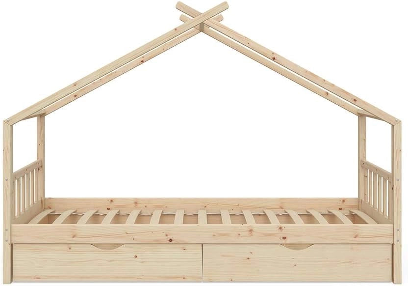 Letto montessori bambini Design, Legno naturale, 90x200 cm con 2 cassetti, con sponda anticaduta e rete a doghe per un sonno sicuro