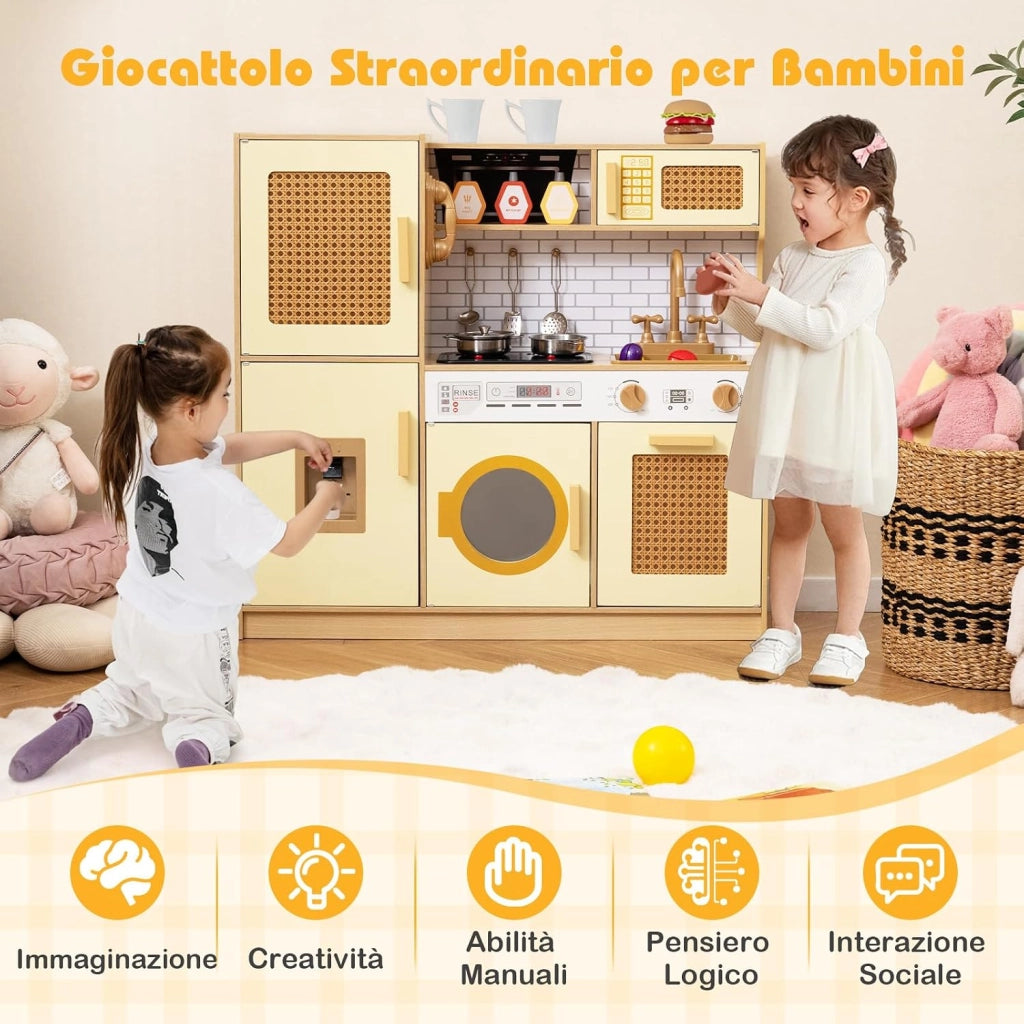 Cucina Giocattolo per Bambini, Cucina Legno per Bambini con Luci, Suoni, Frigorifero, Distributore d'Acqua, Lavatrice, Accessori Ricchi e Ante in Rattan, per 3 Anni+ (Giallo Caldo)