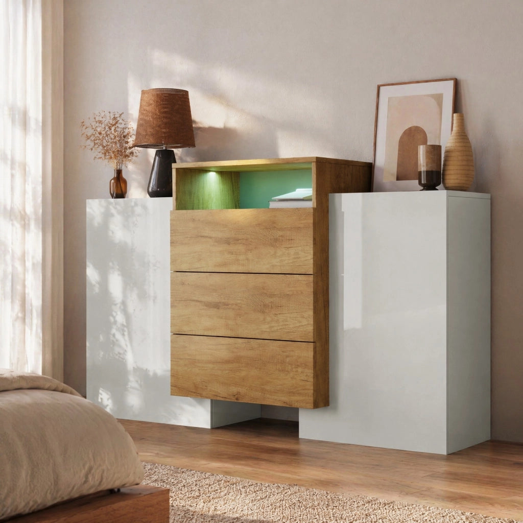 Credenza moderna in MDF bianco lucido e legno con LED multicolore, 140x30x77,5 cm