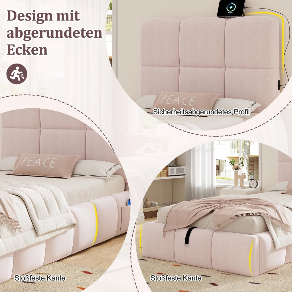 Letto imbottito idraulico con porta USB 90x200 cm velluto rosa
