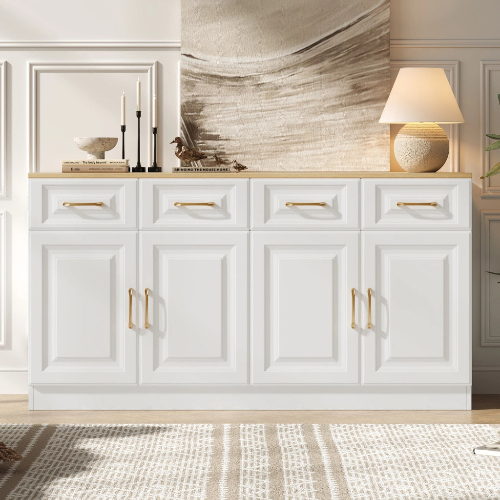 Credenza buffet 140 cm con 4 cassetti e 4 ante; bianco e rovere; in truciolare