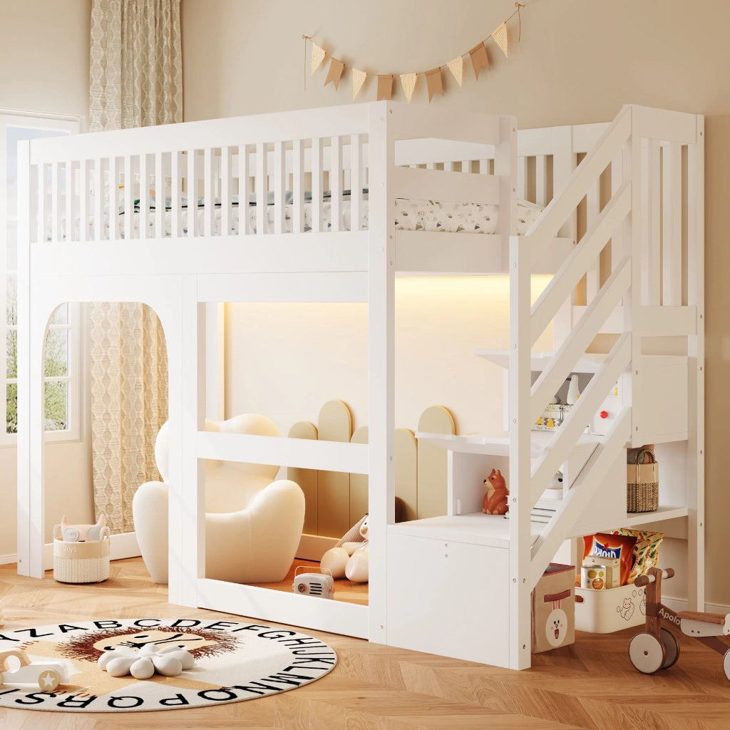 Letto a soppalco 90 x 200 cm, con ripiano portaoggetti, illuminazione a LED, sponde di sicurezza, letto per bambini, bianco