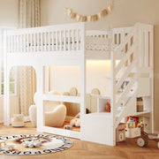 Letto a soppalco 90 x 200 cm, con ripiano portaoggetti, illuminazione a LED, sponde di sicurezza, letto per bambini, bianco