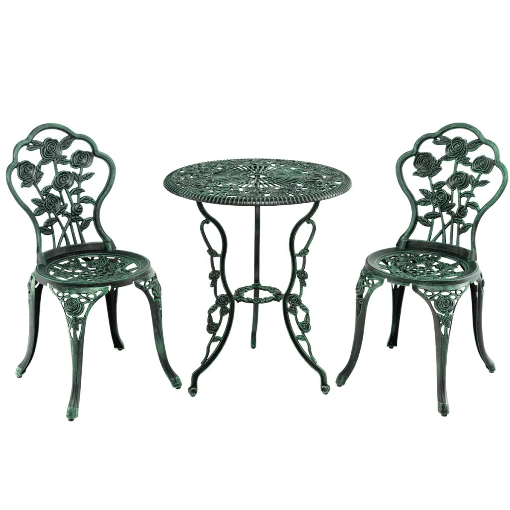 Set da bistrot 3 pezzi: tavolo rotondo 60 x 69 cm due comode sedie stile anticato alluminio pressofuso verde 20_0011999