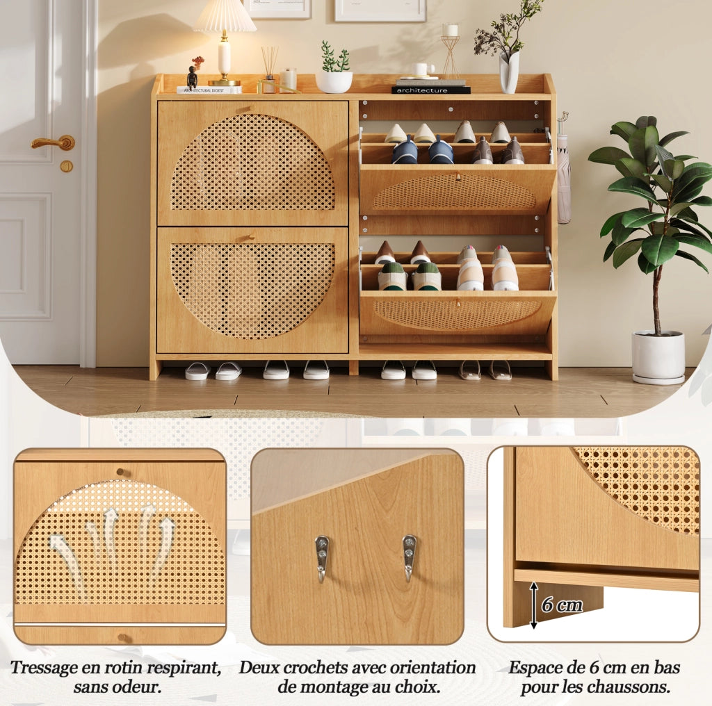 Scarpiera da ingresso 120x24x90 cm con 8 scomparti; 4 ante a ribalta; 2 ganci; MDF naturale
