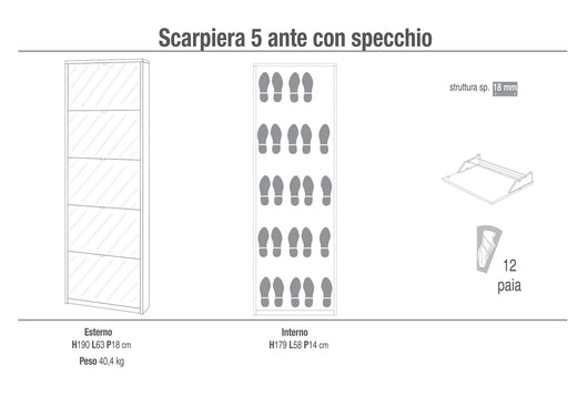 Scarpiera 5 Ante con Specchio 63x190x18 cm Bianco Fiammato