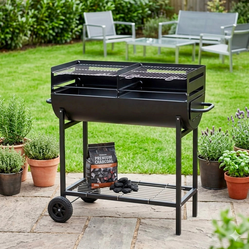 Barbecue A Carbone Con 2 Griglie Regolabili BBQ In Acciaio Resistente Con Ruote E Ripiano Portaoggetti Ideale Per Giardino Terrazzo E Grigliate All Aperto 90 x 45 x 96 Cm Nero