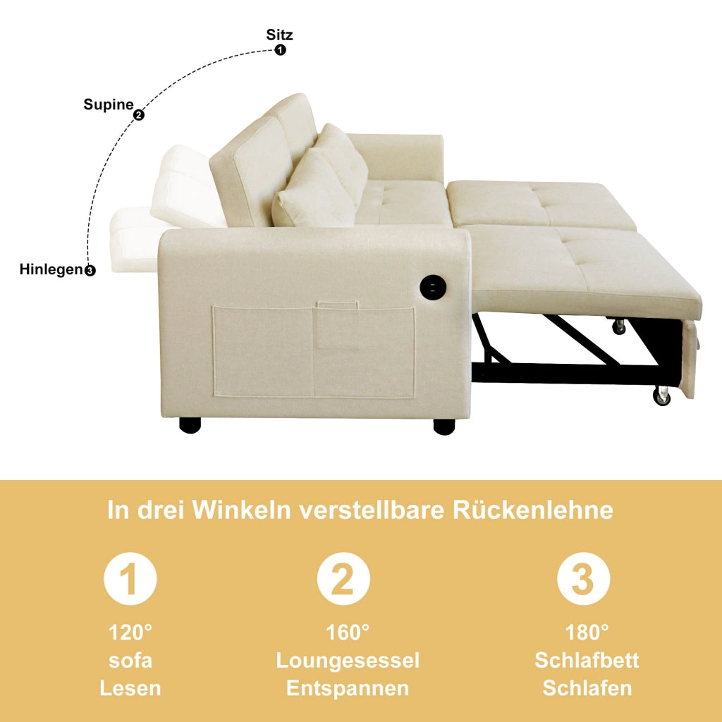 DIVANO LETTO 3-in-1 con schienale regolabile 142x85x83 cm beige cotone e lino