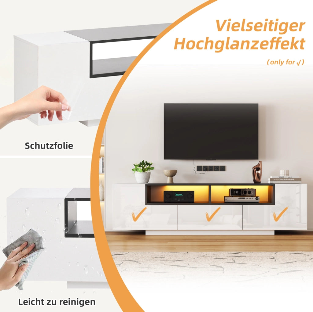 Mobile TV da terra 180x40x48 cm bianco lucido con LED, 2 armadietti e cassetto