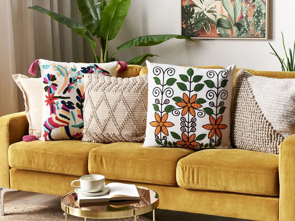 Cuscino sfoderabile in cotone multicolore 50 x 50 cm motivo floreale ricamato a mano sfoderabile con imbottitura in stile boho