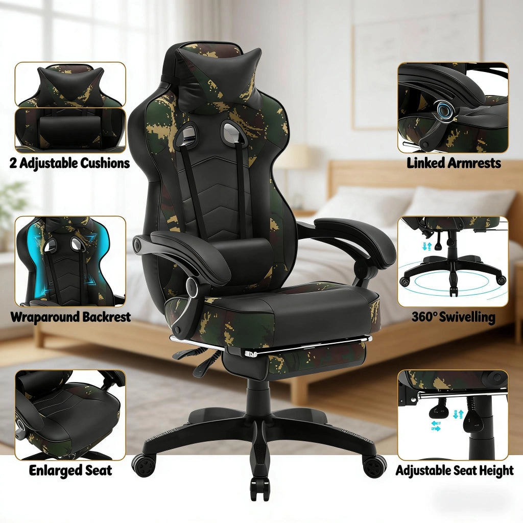 SEDIA Gaming regolabile 121-128 cm in similpelle nera e verde con poggiapiedi
