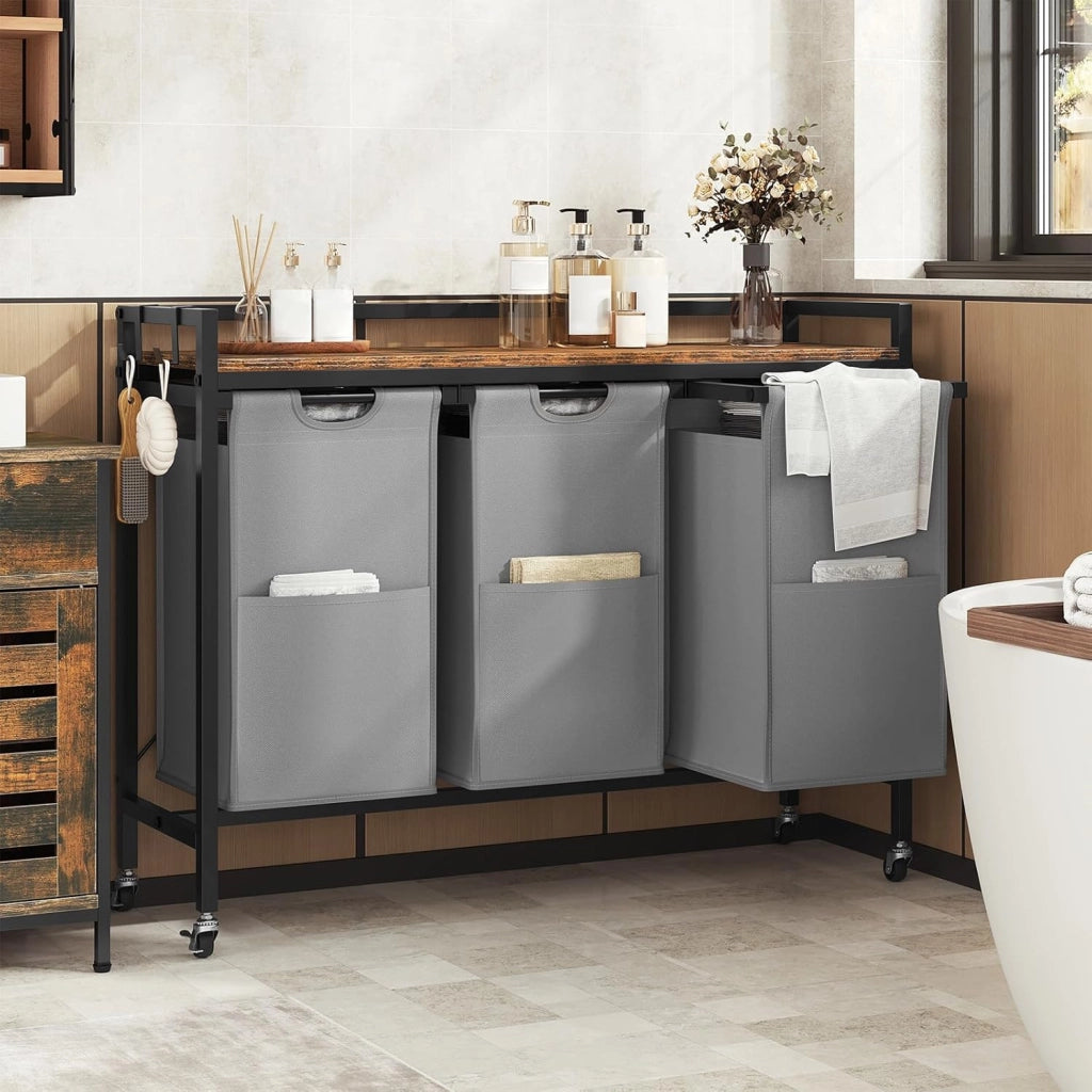 Cesto Portabiancheria, Porta Biancheria, Struttura in Metallo, 3 Sacchi in Tessuto Oxford Rimovibili, per Bagno e Lavanderia, 70x30x71cm/97x30x71cm, Capacità 40Lx3