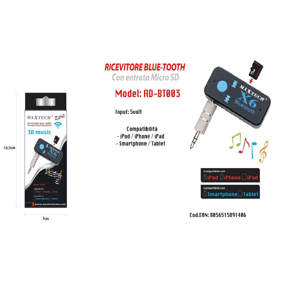 Trade Shop - Ricevitore Bluetooth Adattatore Audio Portatile Microfono Incorporato Maxtech Ad-bt003 -