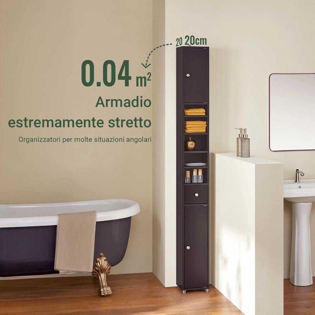 Mobile Bagno Stretta – Colonna Bagno Idrorepellente, Alto con Ripiani Regolabili e Cassetto – Armadietto Salvaspazio, MDF, Marrone scuro, 20x180x20cm, BZR34-II-BR