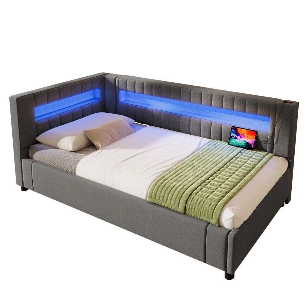 Daybed in lino grigio 90x200 LED a piè letto sollevamento idraulico USB/Type-C