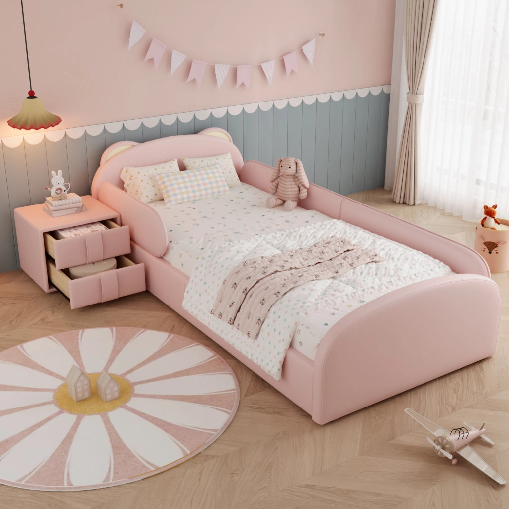 Letto imbottito 90x200 cm con testiera a forma di orso e comodino in PU rosa
