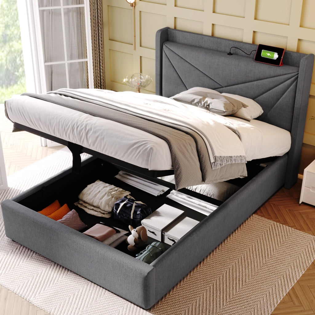 Letto singolo 90x200 con contenitore; Materasso Incluso e Testiera USB; in Tessuto di Lino