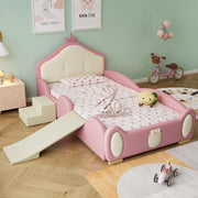 OKWISH Letto Bambini 90×200 cm, Letto Singolo con LED Multimode, Scivolo e Scala, senza Materasso, in PU, Rosa