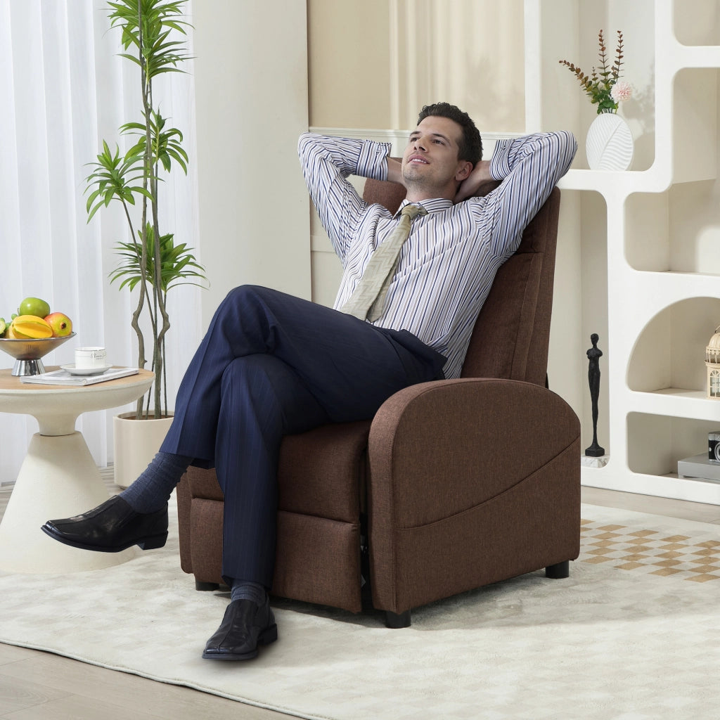 Poltrona Relax Reclinabile con Poggiapiedi in Tessuto Effetto Lino, 69x85x100 cm, Marrone