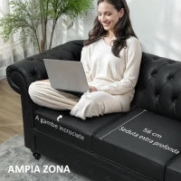 Divano 3 Posti Stile Chesterfield Trapuntato con Molle Insacchettate, Finta Pelle, 213x86x79 cm, Nero