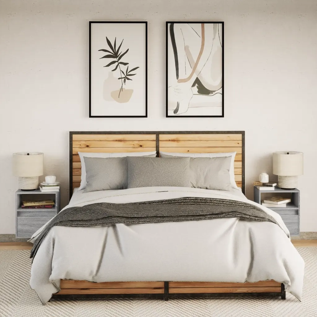 vidaXL Comodini a Parete con luci LED 2 pz Grigio Sonoma