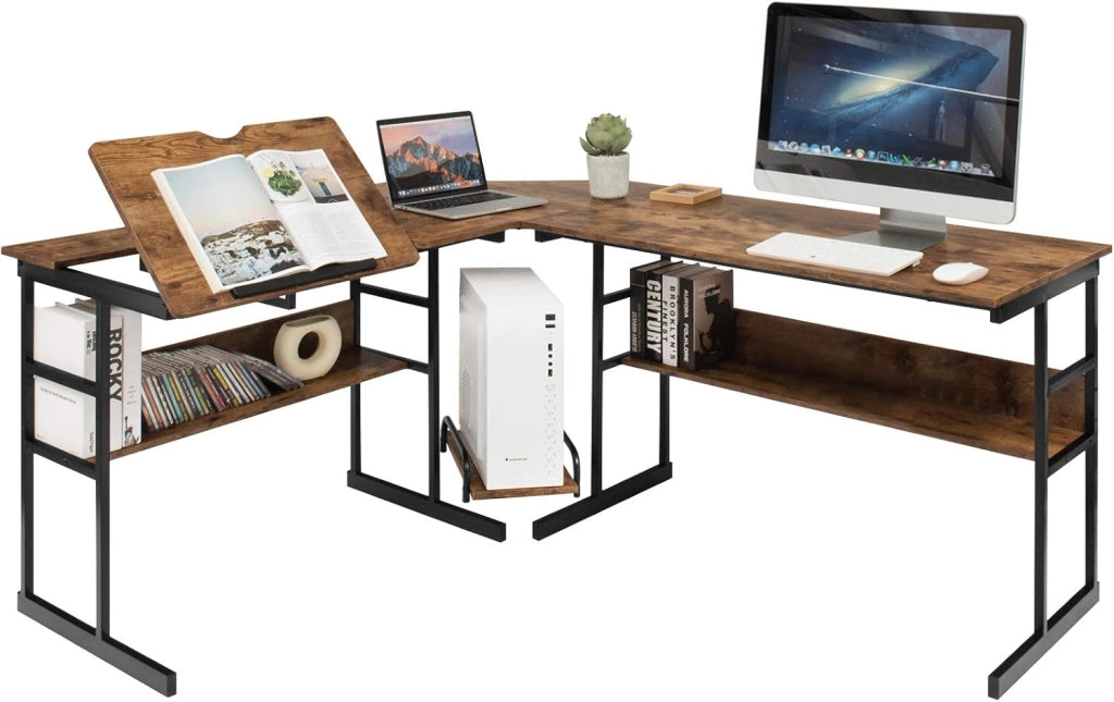 Scrivania ad angolo a forma di L 170 cm, scrivania per computer con 2 ripiani, vassoio inclinabile, supporto per unità centrale, tavolo da computer, poco ingombrante, stile industriale
