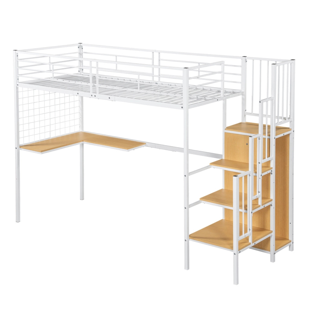 Letto a soppalco 90x200 cm con armadio integrato; MDF e metallo; bianco e naturale