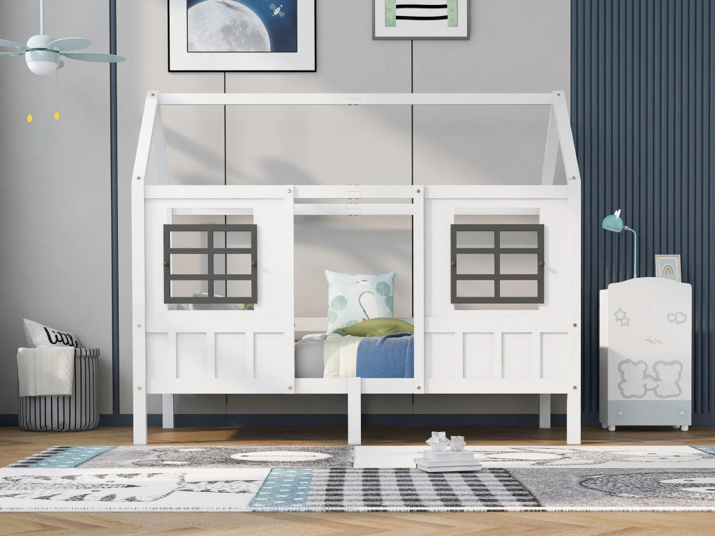 Letto a casa singolo bianco con funzione letto giornaliero e due finestre