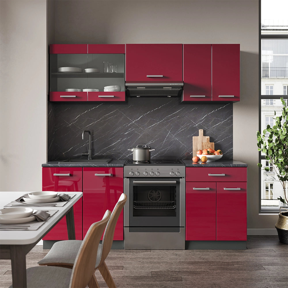 Vicco Cucina componibile Rosso lucido/antracite 200 cm , PL Rovere