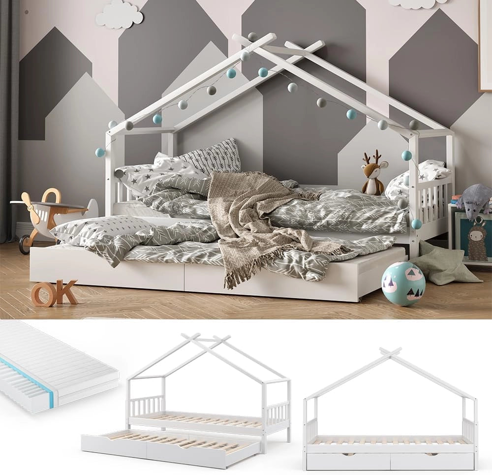 Letto da casa Design, Bianco, 90x200 cm con letto per ospiti e materasso, con sponda anticaduta e rete a doghe per un sonno sicuro