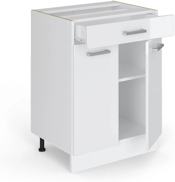 Mobiletto base per cucina R-Line, Bianco lucido, 60 cm con cassetto, senza piano di lavoro, per la libera combinazione all'interno di sistemi cucina modulari