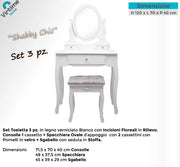 Toeletta Mobile Specchiera Petineuse con Sgabello Imbottito Bianco Cassetti
