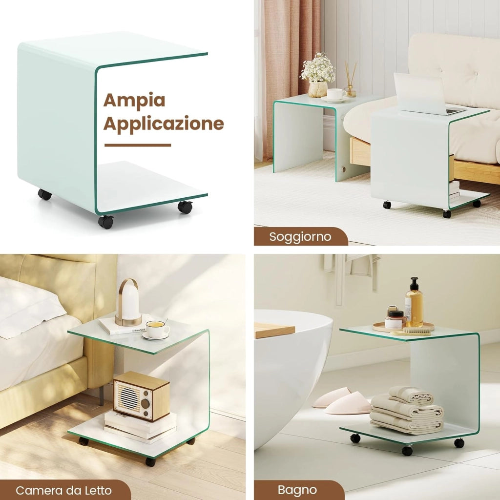 Tavolo Moderno in Vetro Temperato con 2 Ripiani, Tavolino Laterale a C per Divano con 4 Ruote Blocccabili, Tavolo Versatile per Soggiorno, Camera da Letto e Bagno (Bianco)