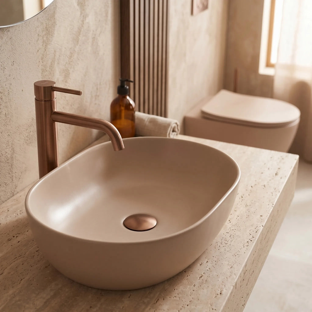Set Wc Sospeso Focus + Lavabo Da Appoggio Rea Focus Taupe