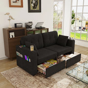 Divano a 2 posti con cassetti contenitore, portabicchieri e tasche laterali in ciniglia nera 172 × 75 × 82 cm