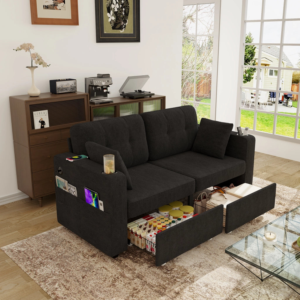 Divano a 2 posti con cassetti contenitore, portabicchieri e tasche laterali in ciniglia nera 172 × 75 × 82 cm