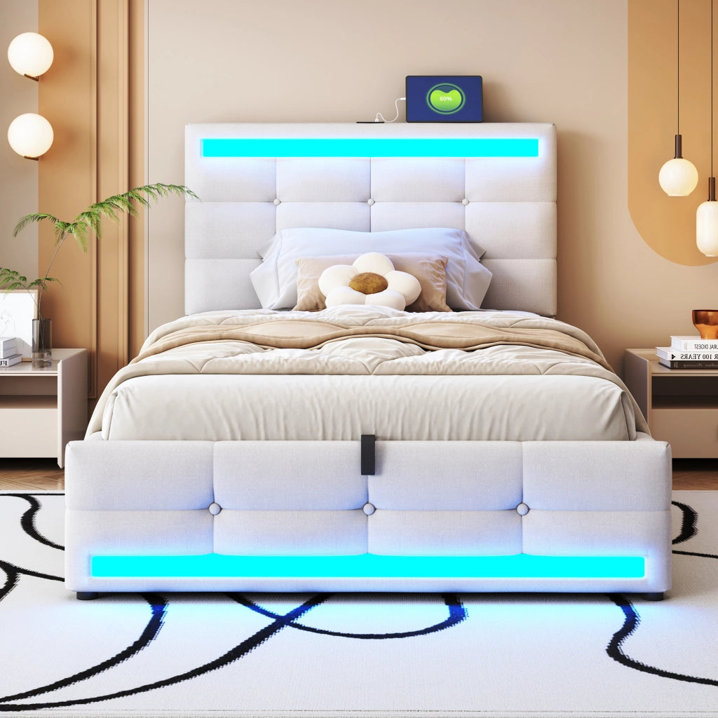 Letto singolo 90×200 cm con LED RGB; USB e testiera regolabile; senza materasso; tessuto; beige