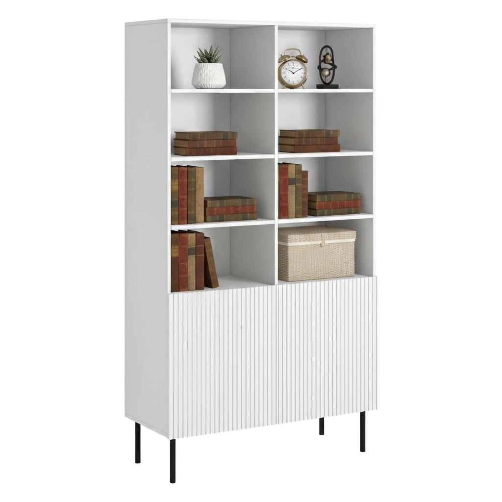 Libreria Ghilarza, Mobile portalibri con vani aperti e due ante, Rialzato da terra, 100x42 h177 cm, Bianco