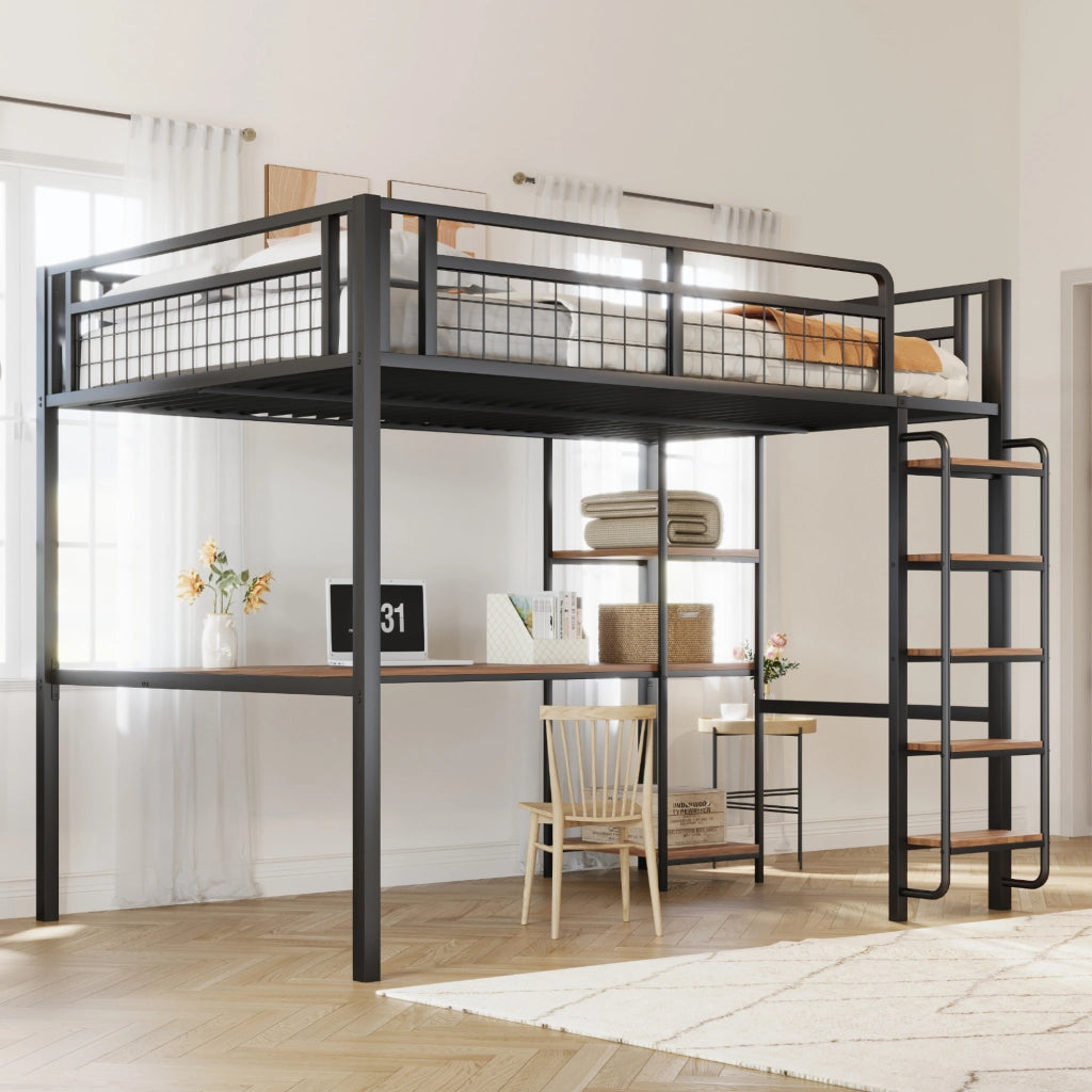 Letto a soppalco 140x200 cm con scrivania e ripiani in metallo nero