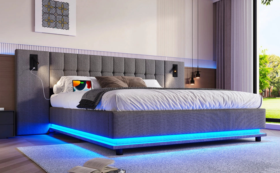 DESMIU Letto imbottito 180 × 200 cm con LED, luce da lettura e USB, senza materasso, in lino e MDF, grigio