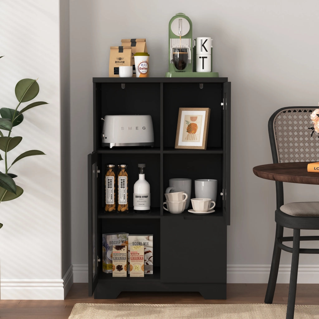 OKWISH Credenza Contenitore con 2 Ante in Vetro, 2 Ripiani Regolabili e 2 Vani Aperti, per Soggiorno, MDF, Nero