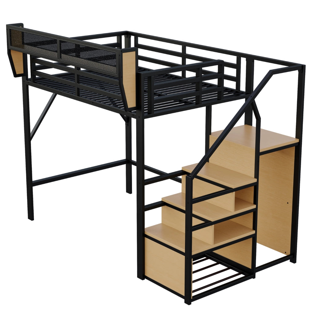 Letto a soppalco 140x200 cm; scala di sicurezza e ripiano flessibile; metallo nero (Senza materasso)