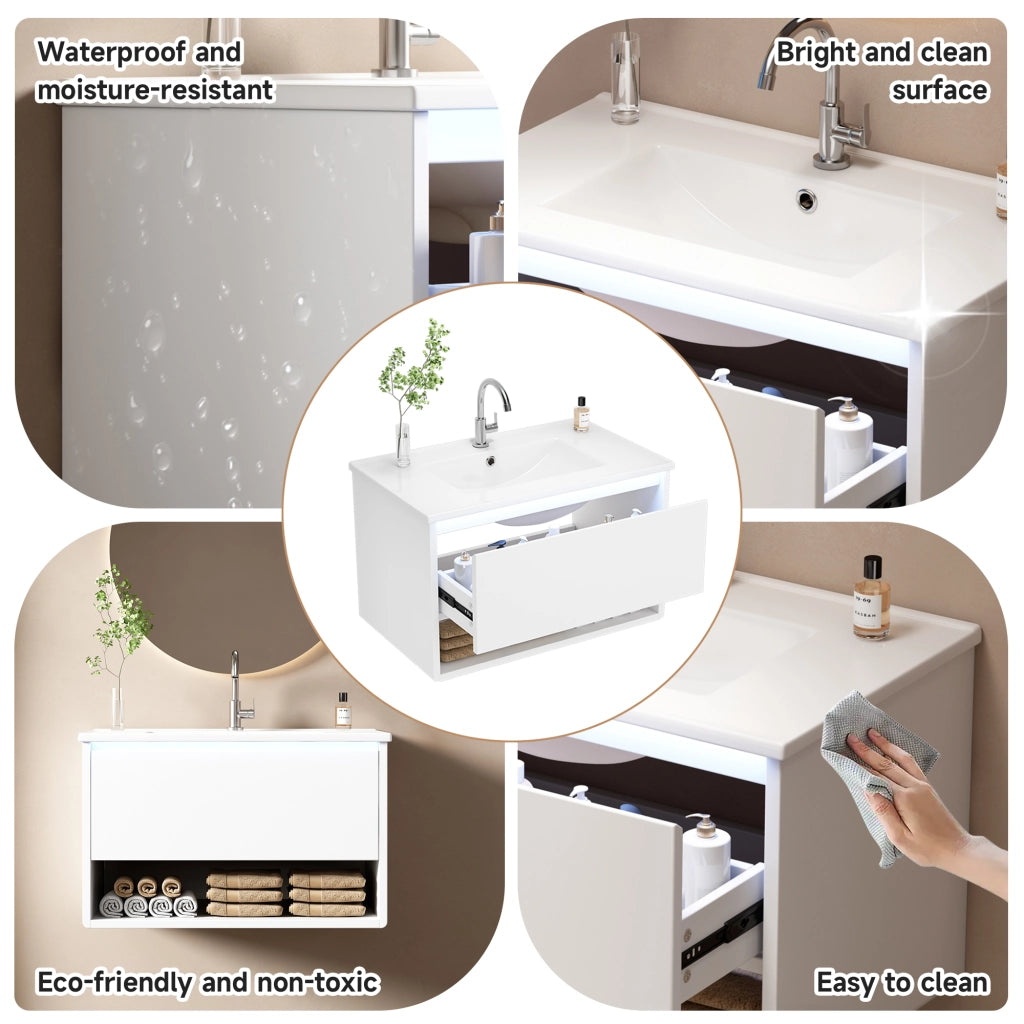 Mobile sottolavabo con LED, 1 cassetto e vano aperto, lavandino in ceramica, per bagno, bianco, 76.5 × 46 × 45 cm