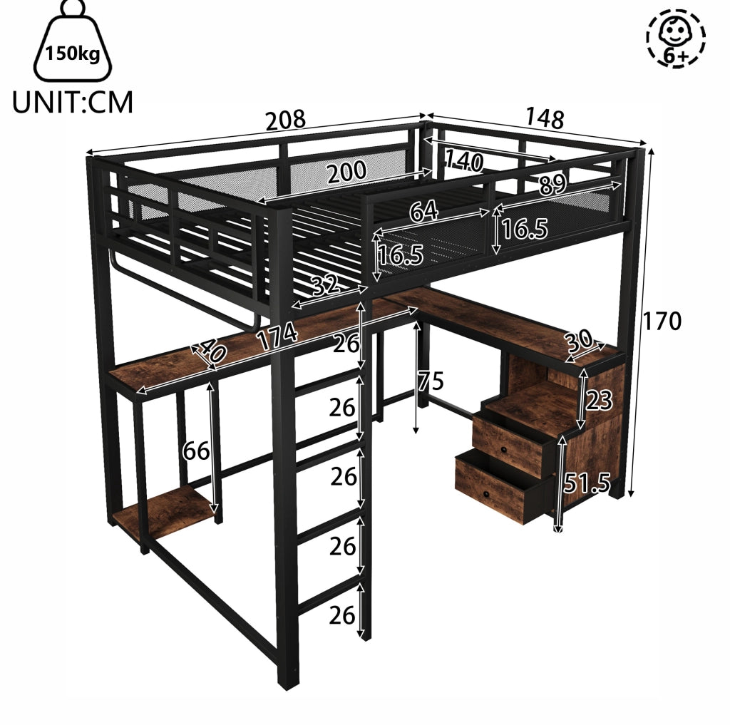 LETTO a soppalco 140x200 cm in metallo nero con scrivania, ripiani e barra appendiabiti